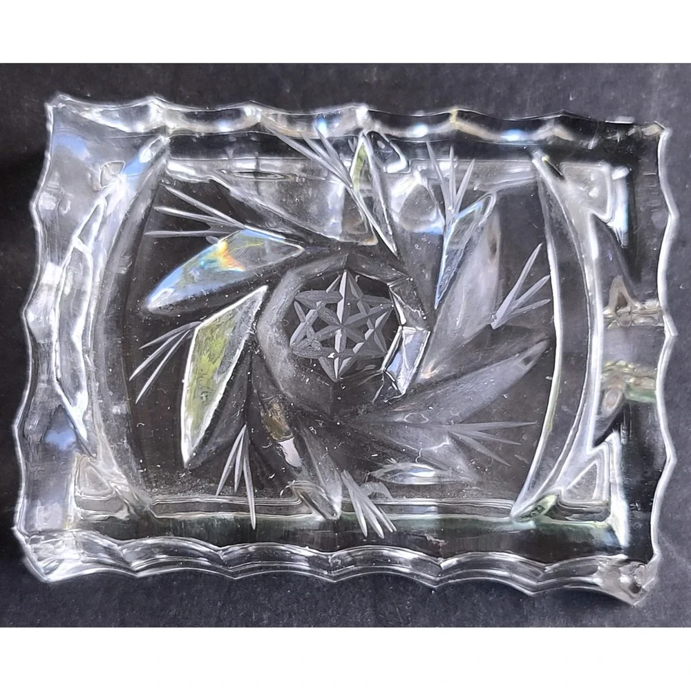 Mini Rectangular Ashtray Vintage Cut Crystal Trinket Dish Pinwheel Star Catchall